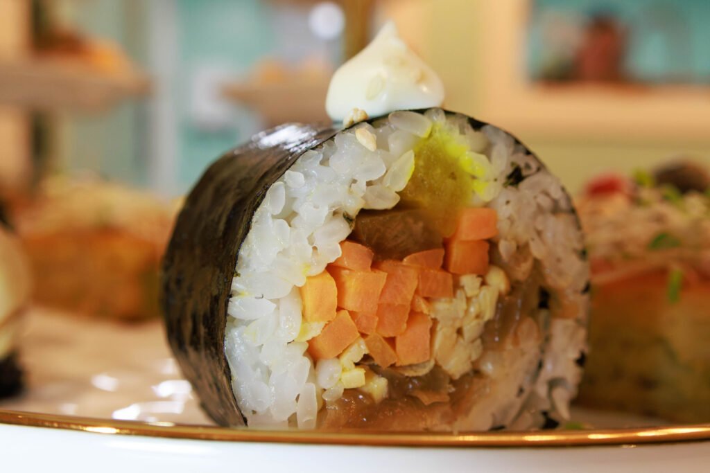 zoom in on our kimbap (vegetarian Korean sushi roll)